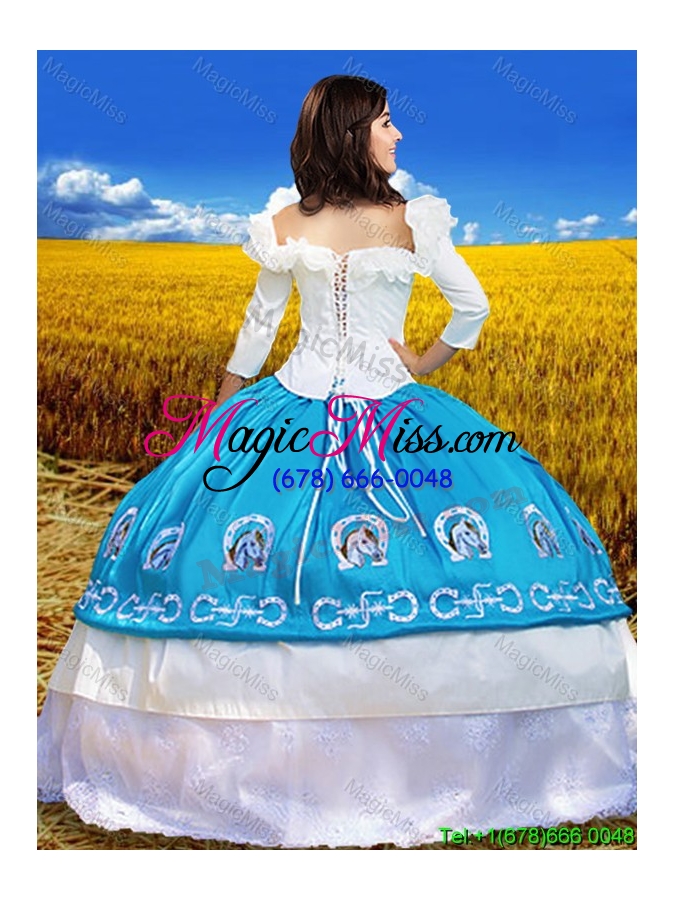 wholesale cowgirl three fourth length sleeves blue and white quinceanera dress with embroidery and lace