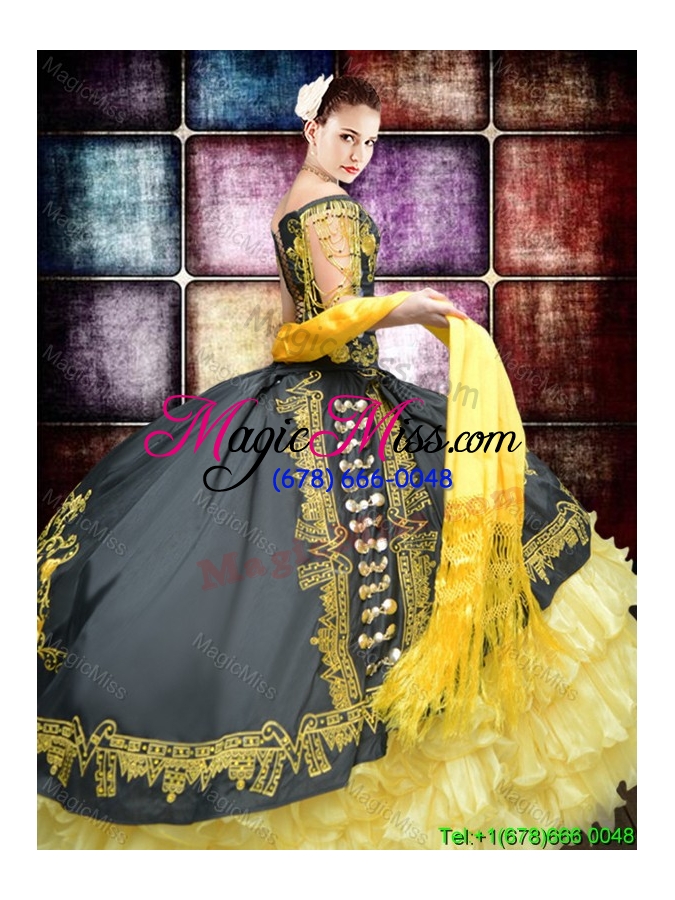 wholesale western theme off the shoulder organza and taffeta embroideried quinceanera dress in yellow and black