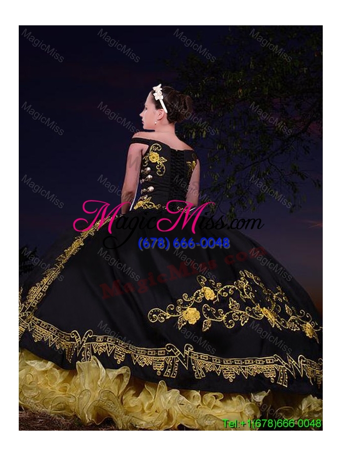 wholesale western theme off the shoulder organza and taffeta embroideried quinceanera dress in yellow and black