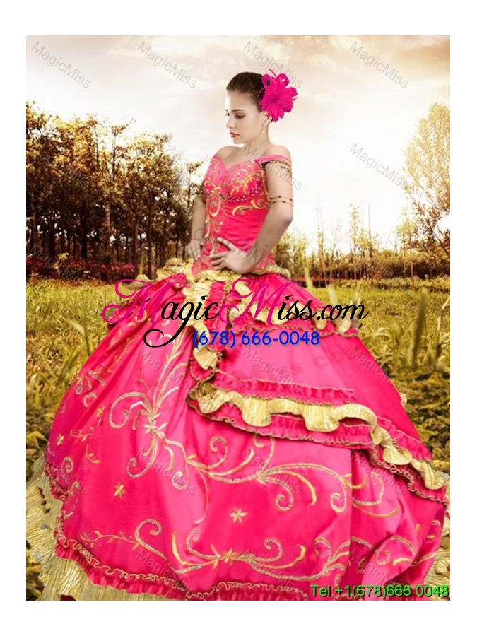 wholesale western style luxurious embroideried and beaded fuchsia quinceanera dress with off the shoulder