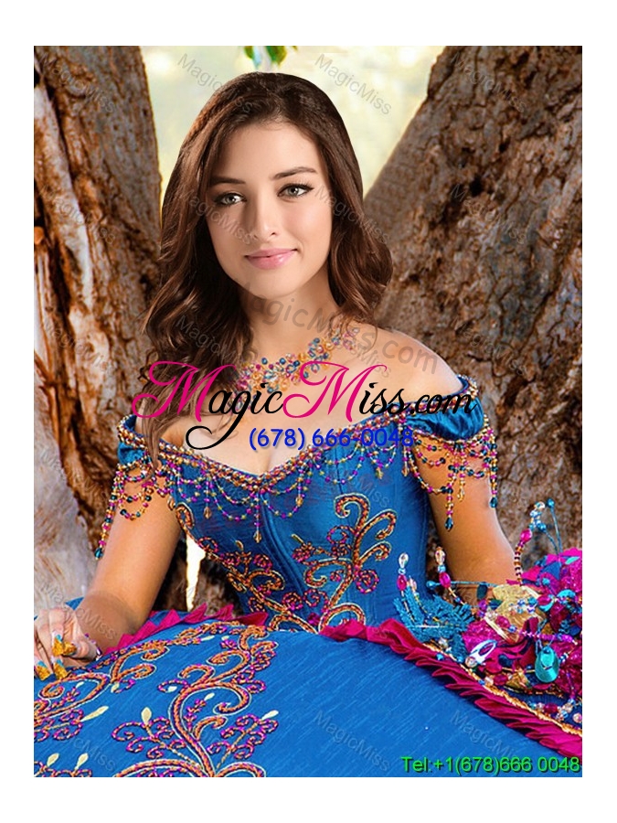 wholesale western theme latest big puffy embroideried and beaded blue quinceanera dress with off the shoulder