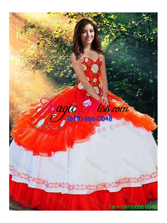 wholesale beautiful embroideried white and red quinceanera dress in organza and taffeta