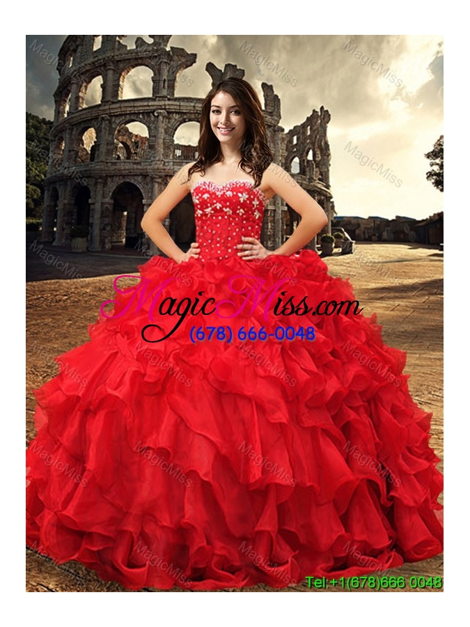 wholesale western style fashionable visible boning red sweet 15 dress with beading and ruffles