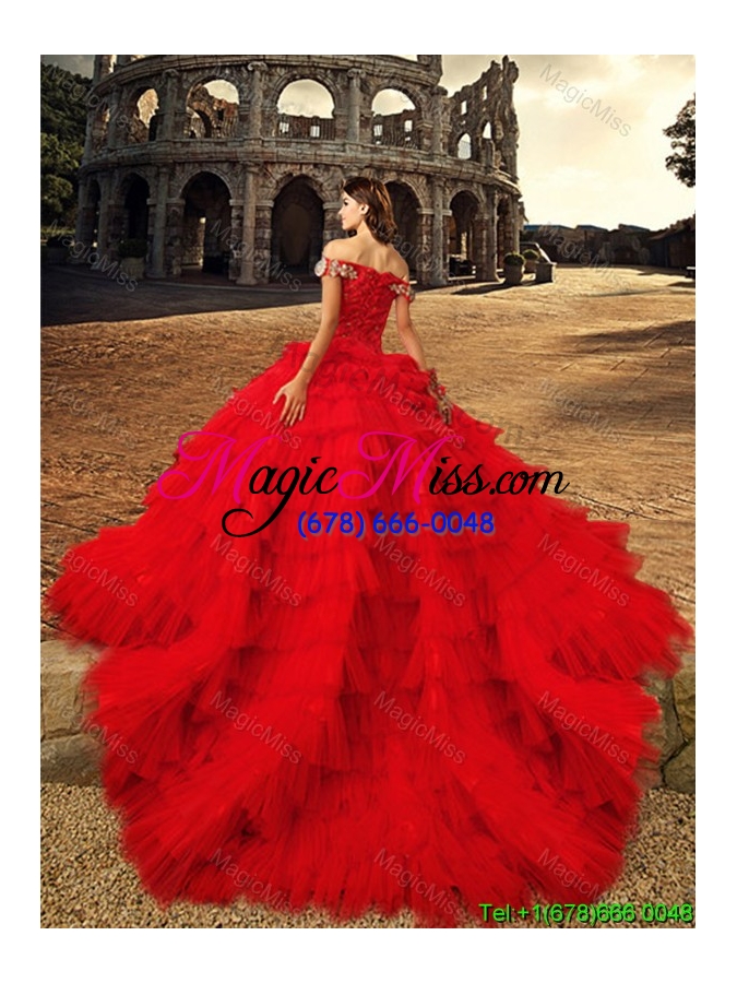 wholesale most popular beaded and ruffled layers tulle red quinceanera dress with chapel train