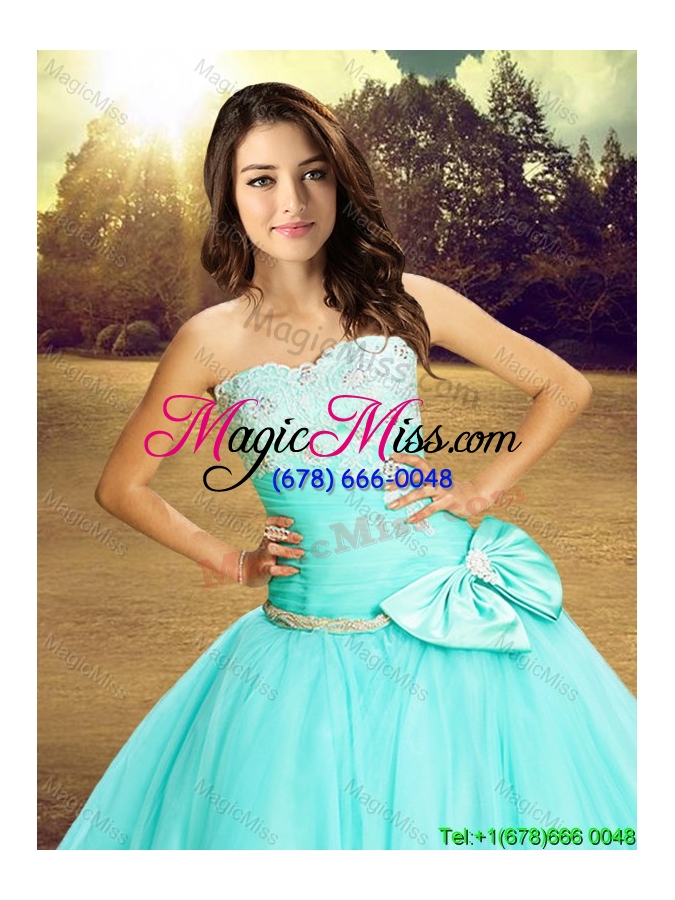 wholesale new style really puffy strapless bowknot and laced quinceanera dress in turquoise