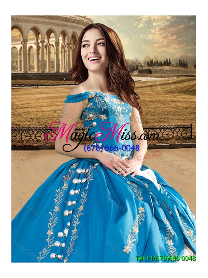 wholesale western style pretty embroideried and ruffled layers quinceanera dress in champagne and teal