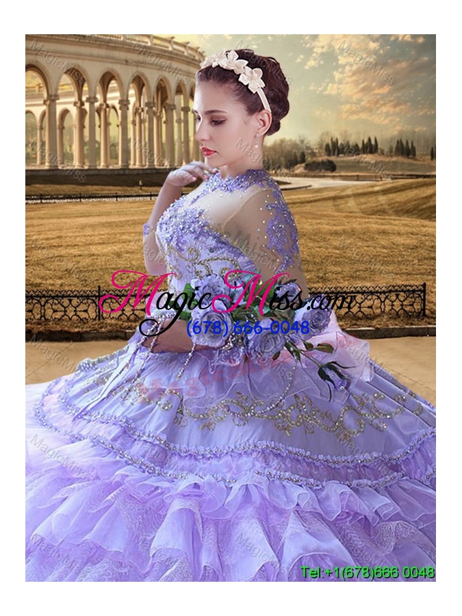 wholesale western theme gorgeous see through high neck lavender quinceanera dress with 3/4-length sleeves
