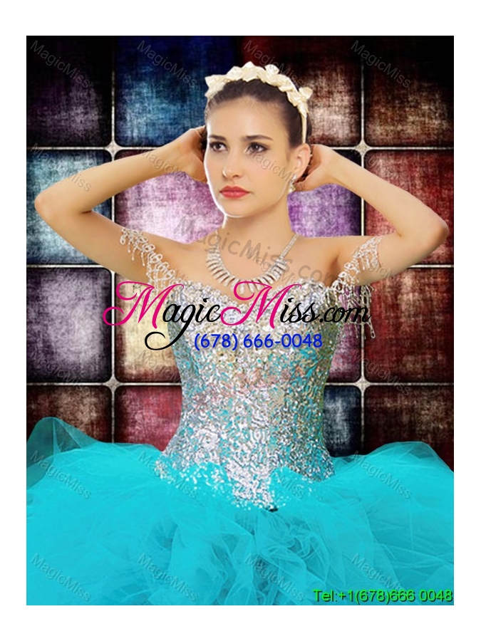 wholesale country lifestyle beaded decorated off the shoulder sequined bodice teal quinceanera dress in tulle