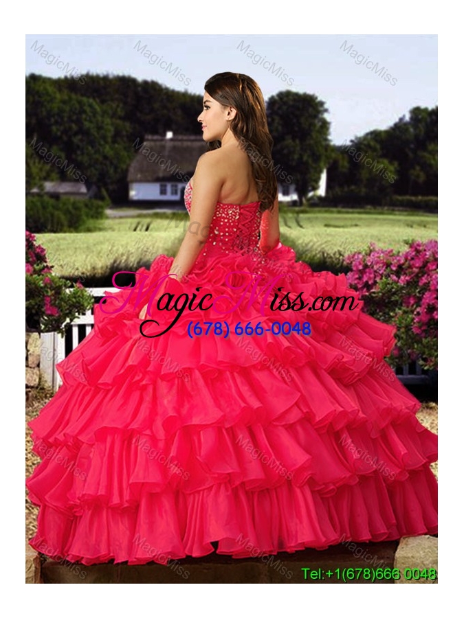 wholesale cowgirl elegant beaded and ruffled layers sweetheart coral red quinceanera dress in organza