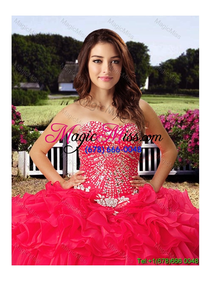 wholesale cowgirl elegant beaded and ruffled layers sweetheart coral red quinceanera dress in organza