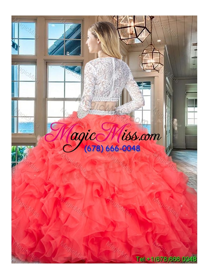 wholesale most popular long sleeves organza laced quinceanera dress in champagne
