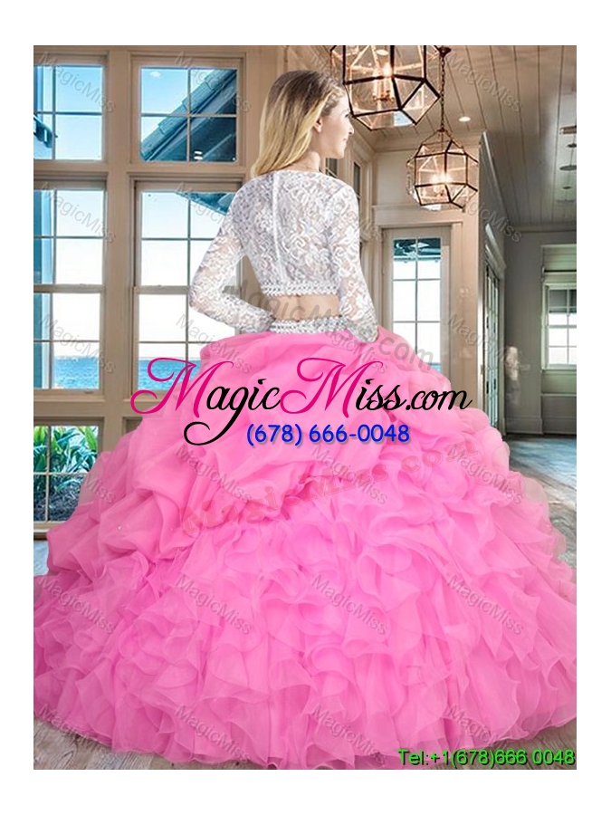 wholesale elegant two piece ruffled and bubble mint quinceanera dress with long sleeves