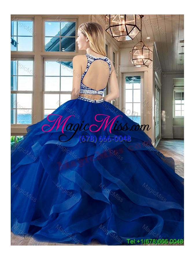 wholesale unique two piece open back royal blue quinceanera dress with beading
