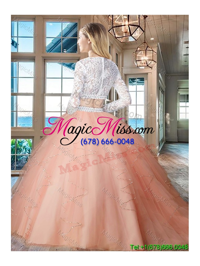 wholesale designer see through zipper up aqua blue quinceanera dress with long sleeves