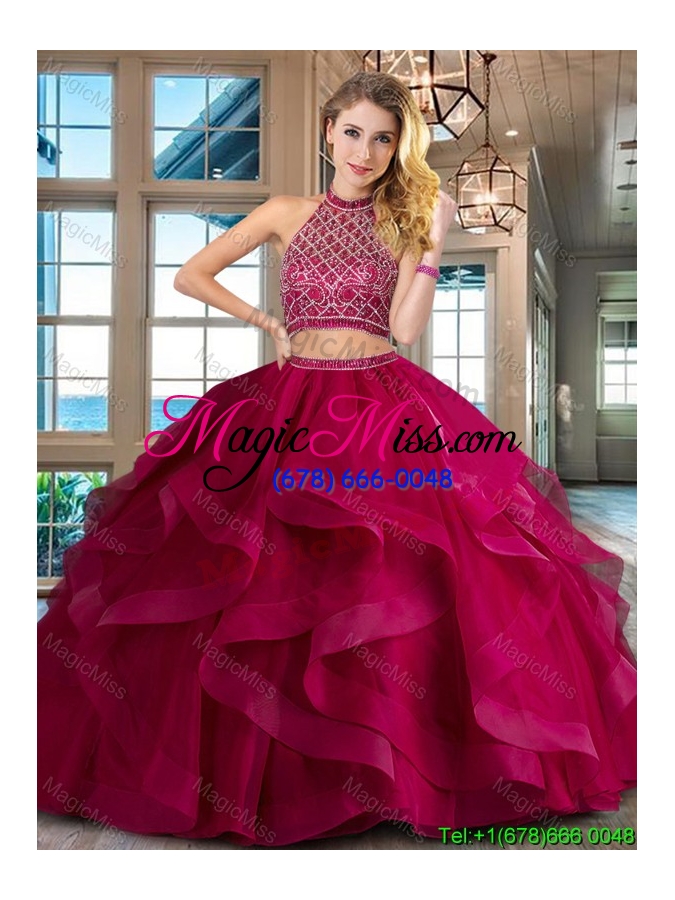 wholesale wonderful two piece tulle fuchsia quinceanera dress with beading and ruffles