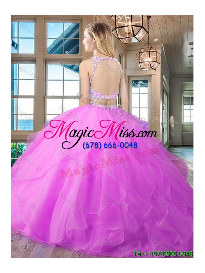 wholesale simple open back see through scoop beaded bodice and ruffled quinceanera gown