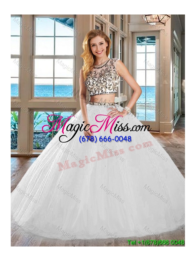 wholesale discount big puffy two piece tulle white quinceanera dress with open back