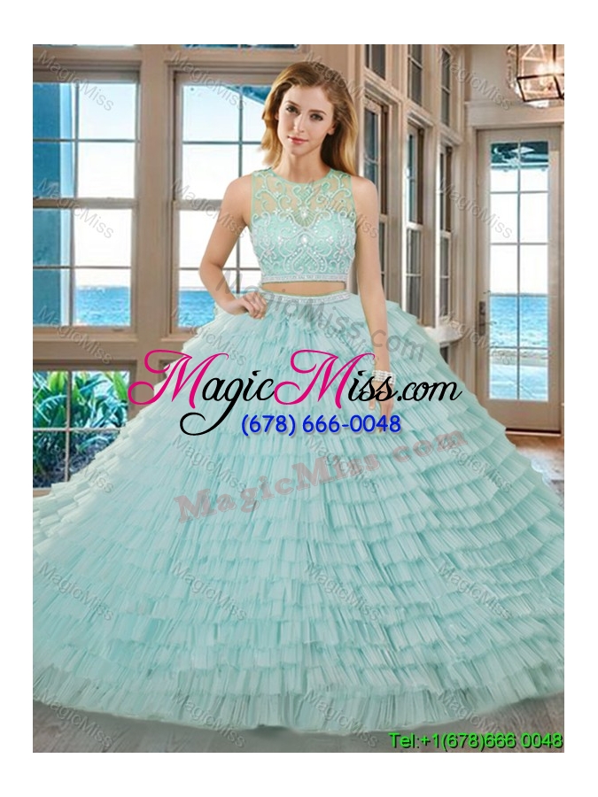 wholesale two piece yellow green ball gown scoop beaded and ruffled layered zipper up quinceanera dresses with brush train