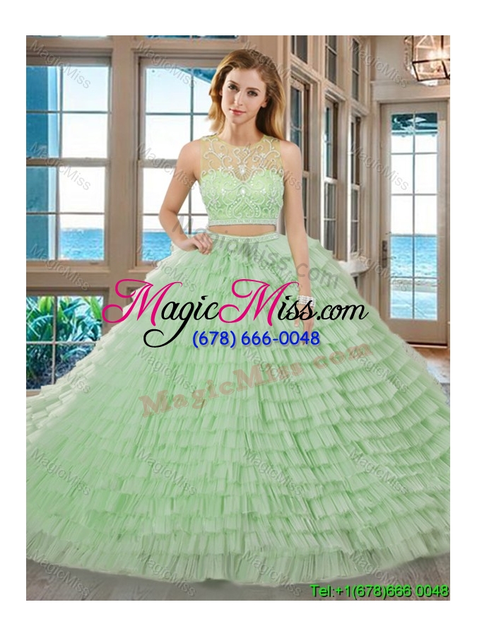 wholesale two piece yellow green ball gown scoop beaded and ruffled layered zipper up quinceanera dresses with brush train