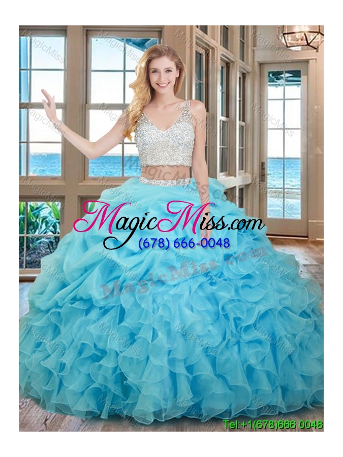 wholesale two piece ball gown v neck organza beaded and bubbled quinceanera dresses in baby blue