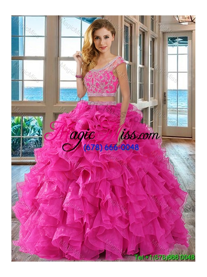 wholesale two piece ball gown scoop organza ruffled and beaded cap sleeves backless quinceanera dresses in hot pink