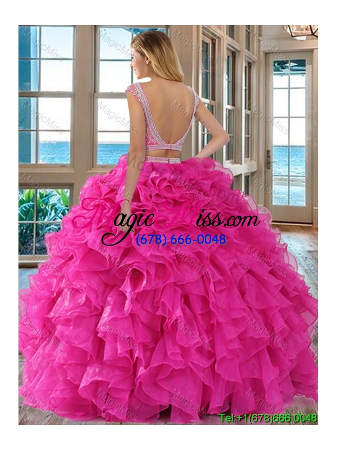wholesale two piece ball gown scoop organza ruffled and beaded cap sleeves backless quinceanera dresses in hot pink