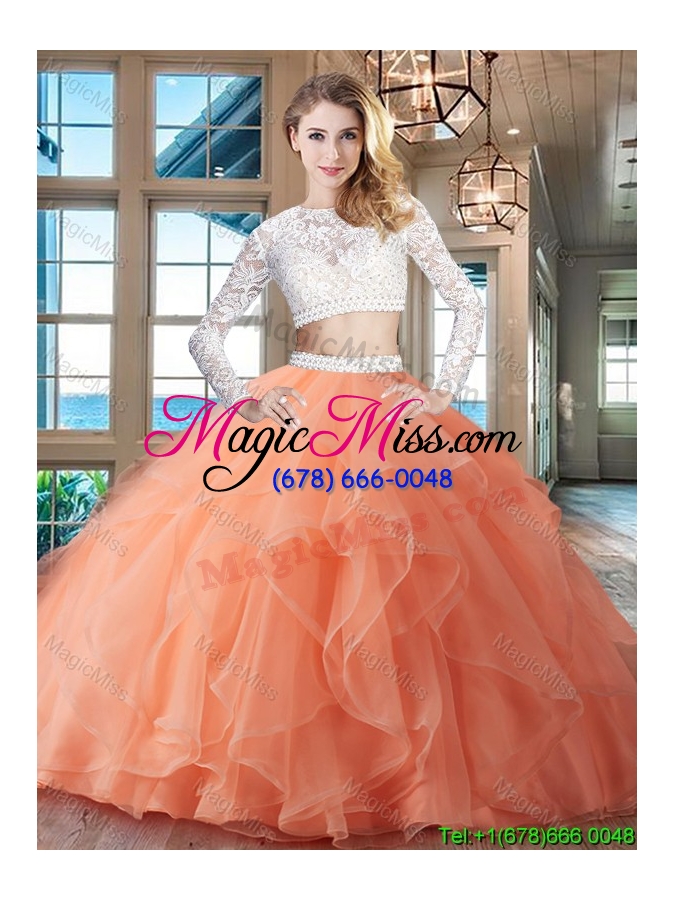 wholesale luxurious two piece see through scoop quinceanera dress with brush train