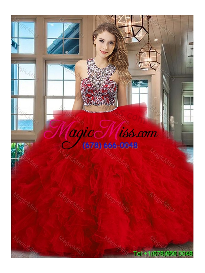 wholesale gorgeous brush train ruffled and beaded red quinceanera gown in tulle