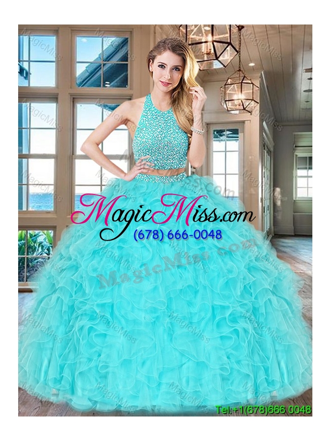 wholesale two piece big puffy aqua blue quinceanera dress with ruffles and beading