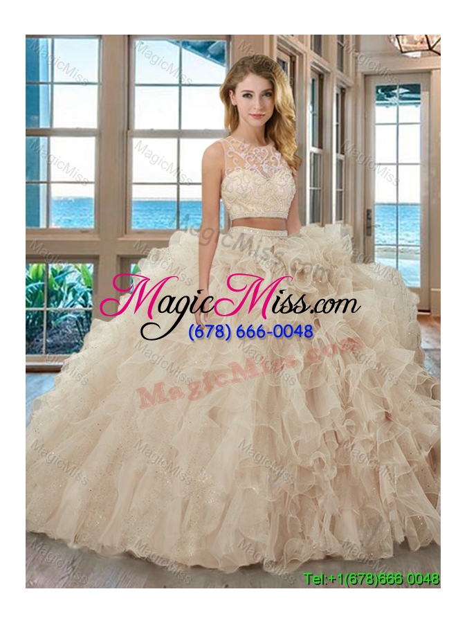 wholesale fashionable ball gown scoop brush train baby pink two piece quinceanera dresses with beading and ruffles