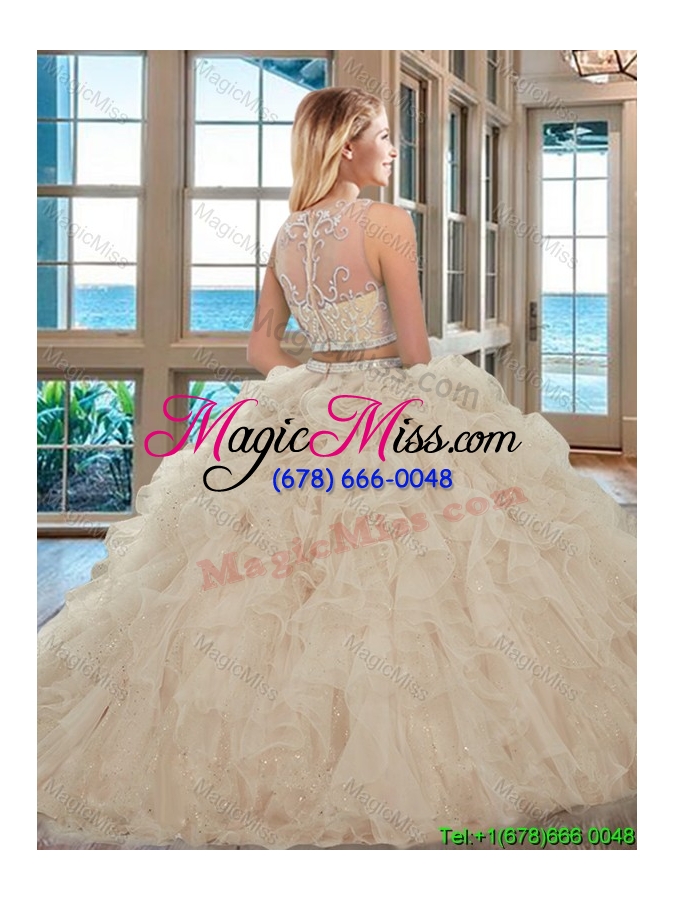 wholesale fashionable ball gown scoop brush train baby pink two piece quinceanera dresses with beading and ruffles