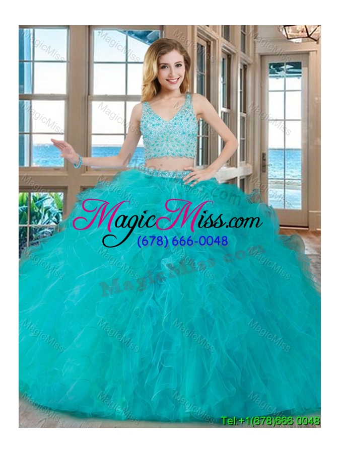 wholesale puffy ball gown v neck tulle two piece quinceanera dresses with beading and ruffles