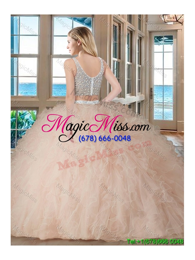 wholesale puffy ball gown v neck tulle two piece quinceanera dresses with beading and ruffles