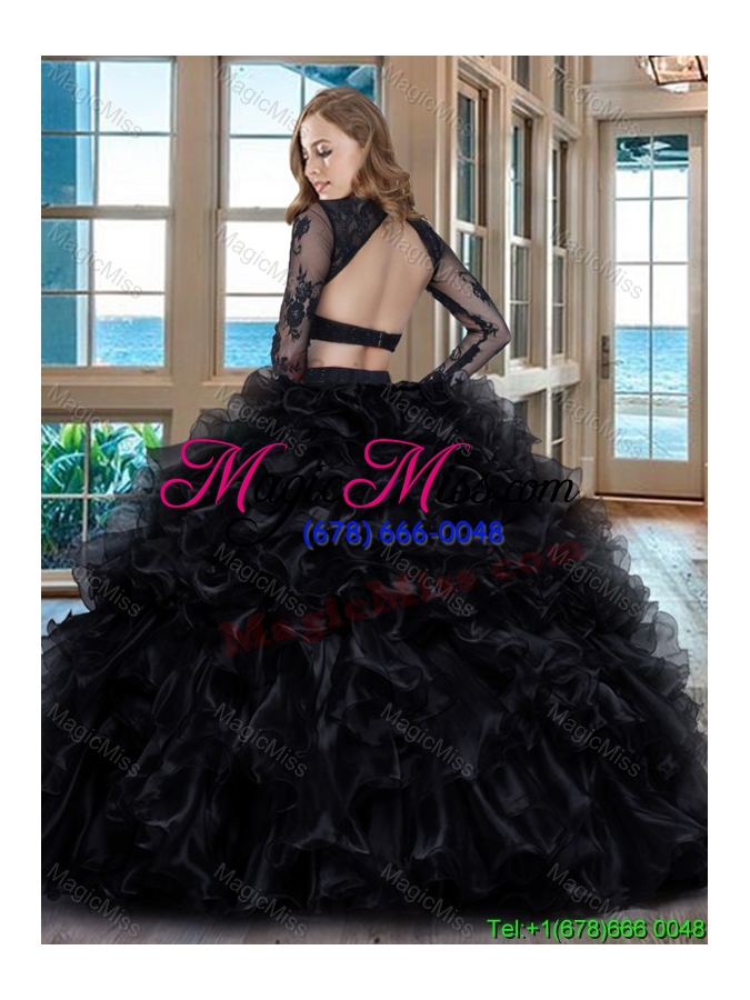 wholesale sexy two piece ball gown scoop ruffled backless long sleeves quinceanera dresses in black