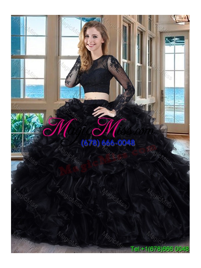 wholesale sexy two piece ball gown scoop ruffled backless long sleeves quinceanera dresses in black