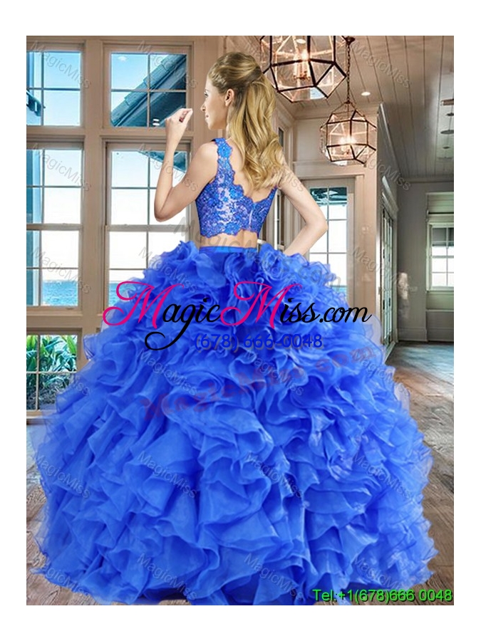 wholesale wonderful zipper up organza blue quinceanera dress with ruffles and lace