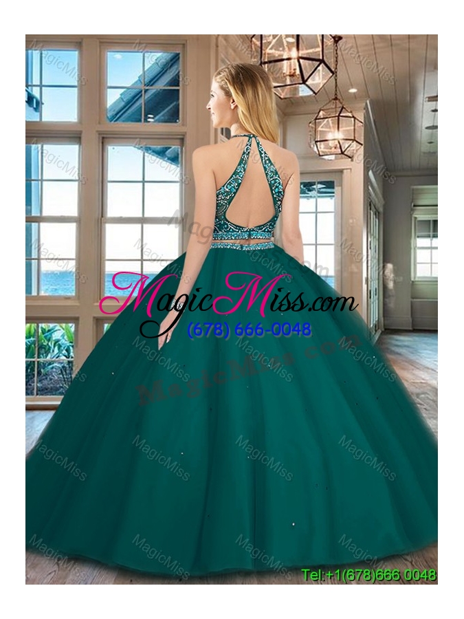 wholesale cheap two piece dark green open back tulle quinceanera dress with beading