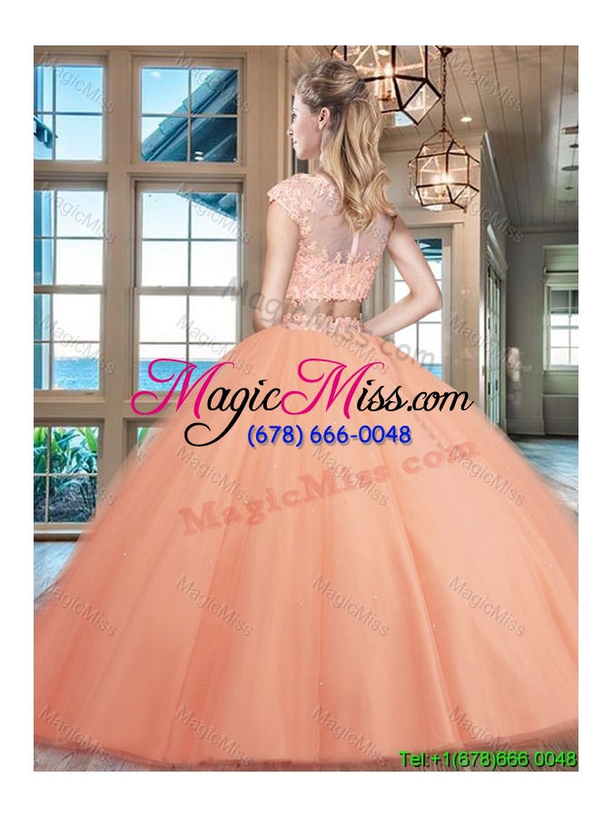 wholesale gorgeous two piece puffy skirt applique tulle quinceanera dress in peach