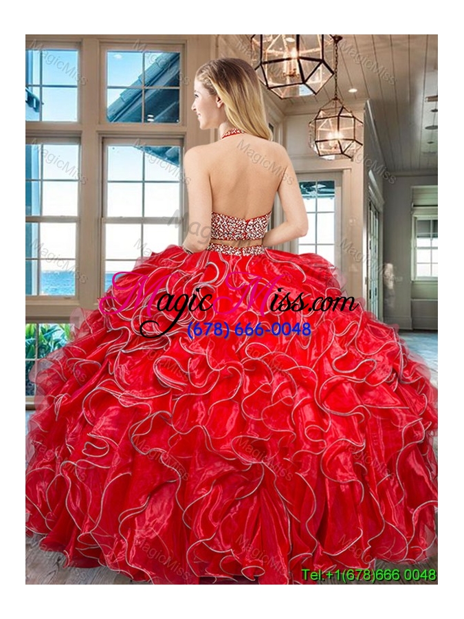 wholesale designer halter top ruffled and beaded organza royal blue quinceanera gown