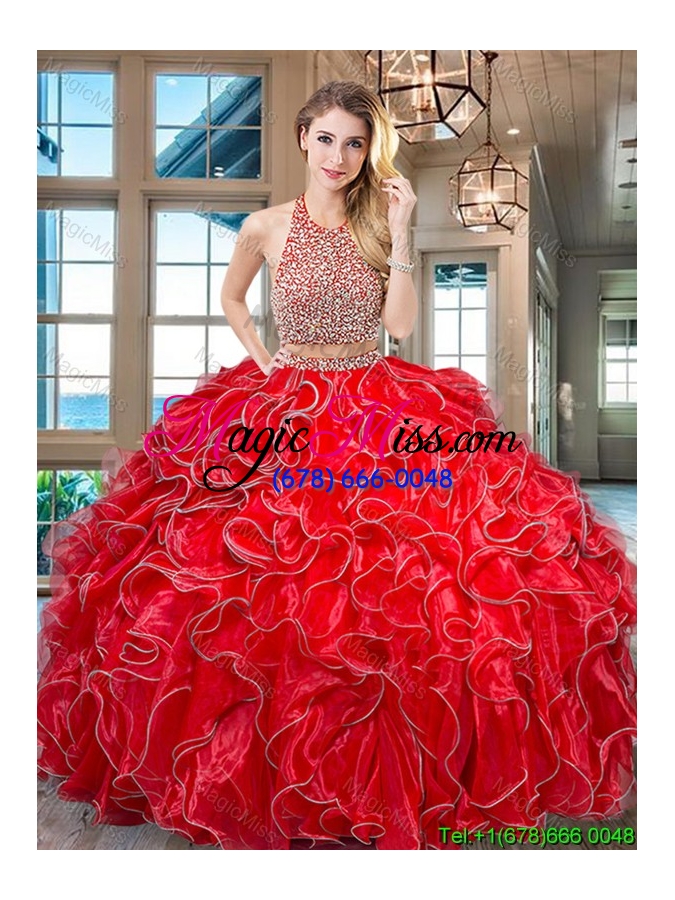 wholesale designer halter top ruffled and beaded organza royal blue quinceanera gown