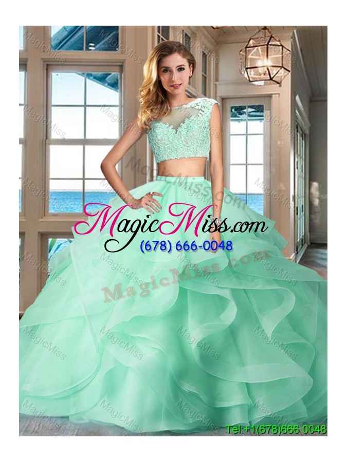 wholesale fashionable two piece see through apple green quinceanera dress with brush train
