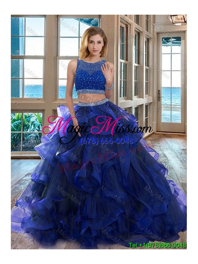 wholesale two piece scoop open back royal blue detachable quinceanera dresses with beading