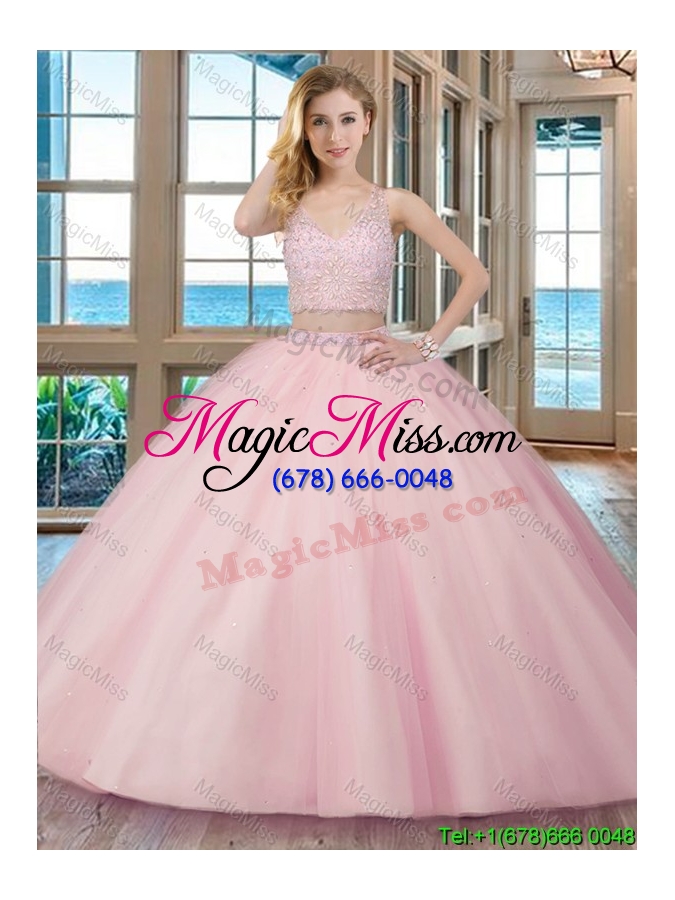 wholesale two piece puffy v neck tulle beaded teal quinceanera dresses with zippper up