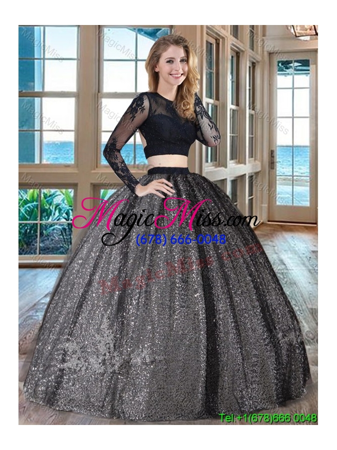 wholesale beautiful puffy scoop sequins appliqued long sleeves backless two piece quinceanera dresses