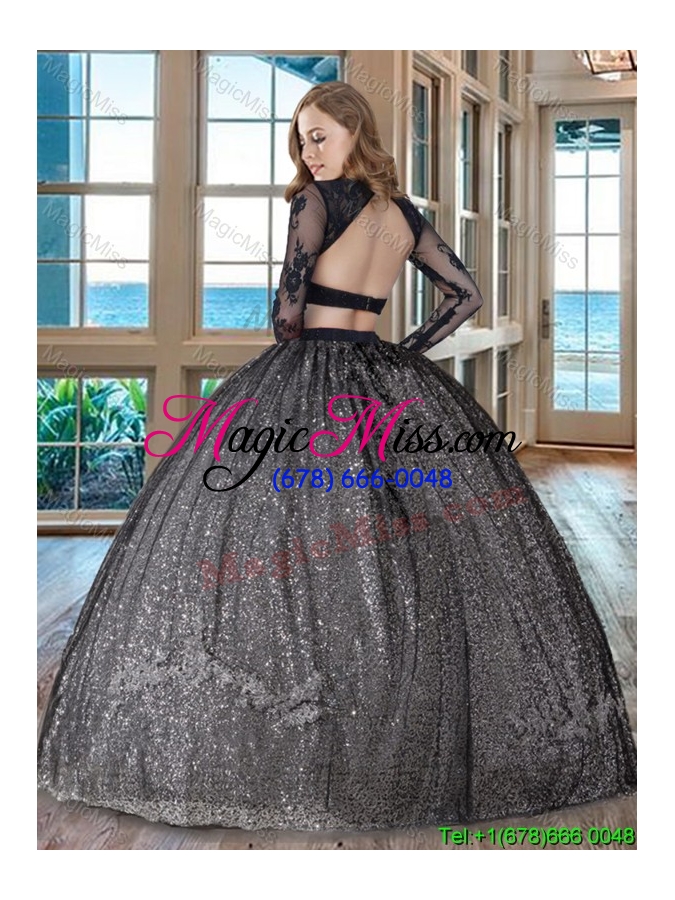 wholesale beautiful puffy scoop sequins appliqued long sleeves backless two piece quinceanera dresses