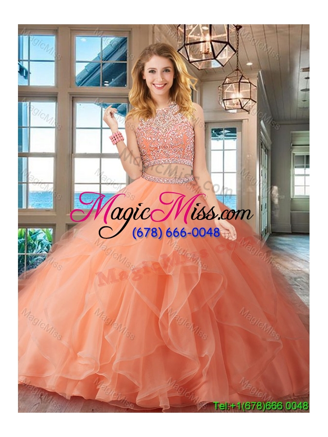 wholesale luxurious beaded bodice and ruffled peach quinceanera dress with brush train