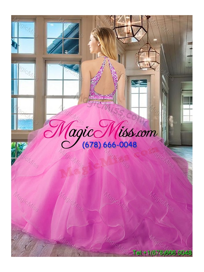 wholesale luxurious beaded bodice and ruffled peach quinceanera dress with brush train