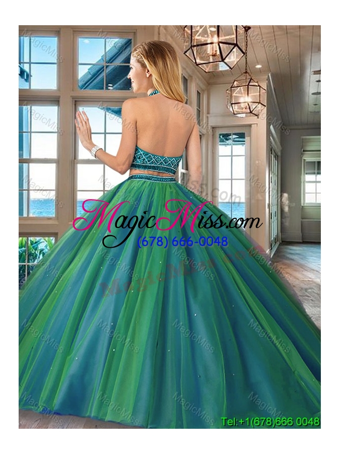wholesale unique two piece beaded bodice backless quinceanera dress in dark green