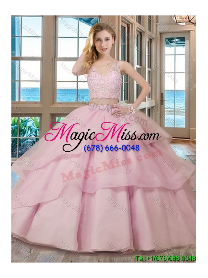 wholesale two piece ball gown v neck brush train zipper up red quinceanera dresses with beading