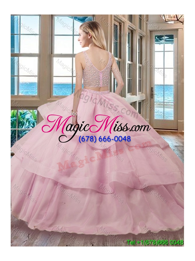 wholesale two piece ball gown v neck brush train zipper up red quinceanera dresses with beading